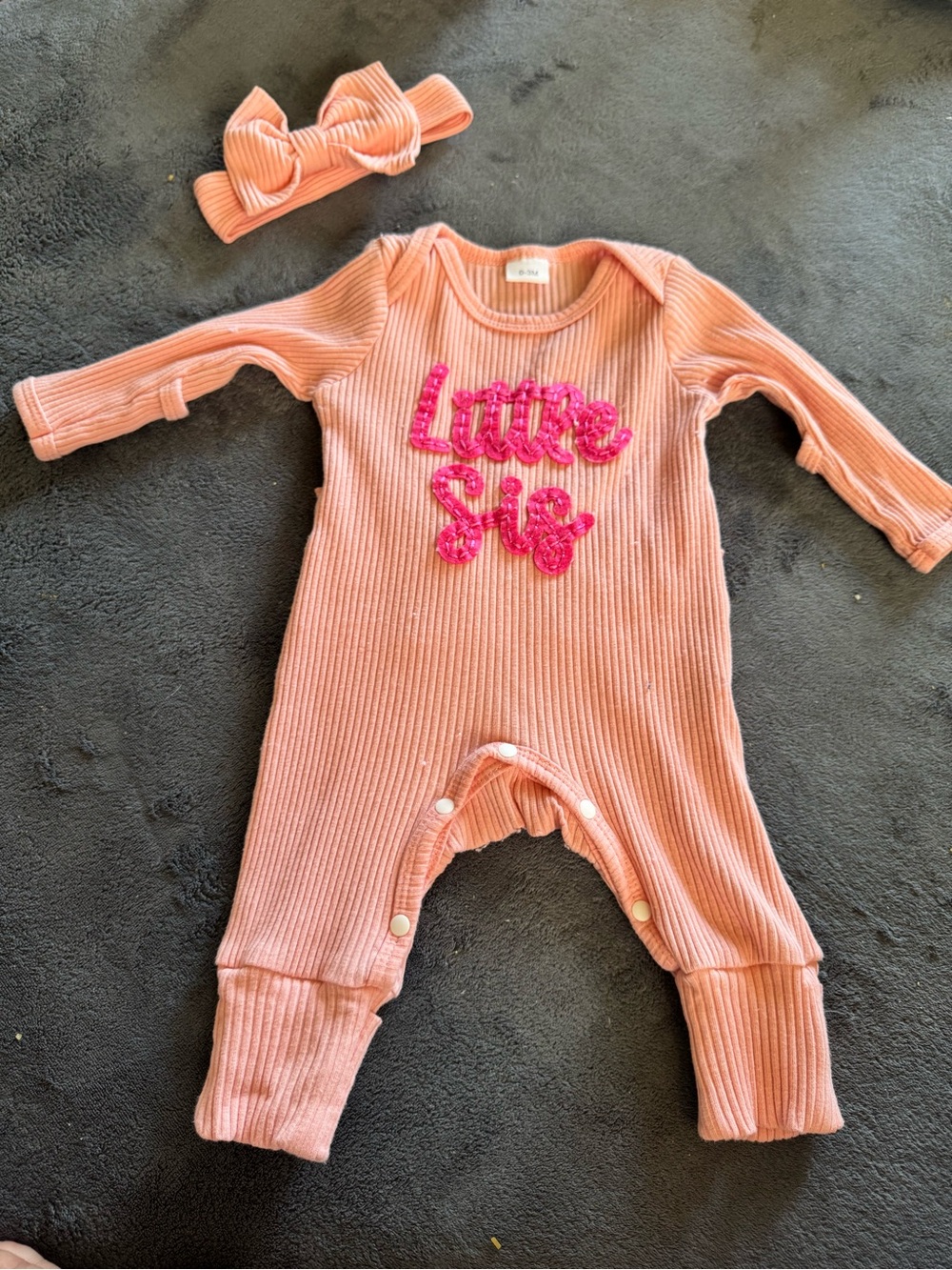 Baby Ribbed One-Piece Romper with Headband - Pink "Little Sis"